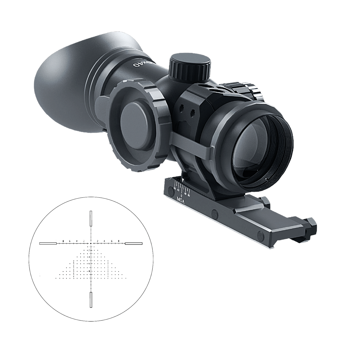 Immersive Optics - 10x40 Prismatic Scope - MilDot Extended w MOA Adjustable Mounts
